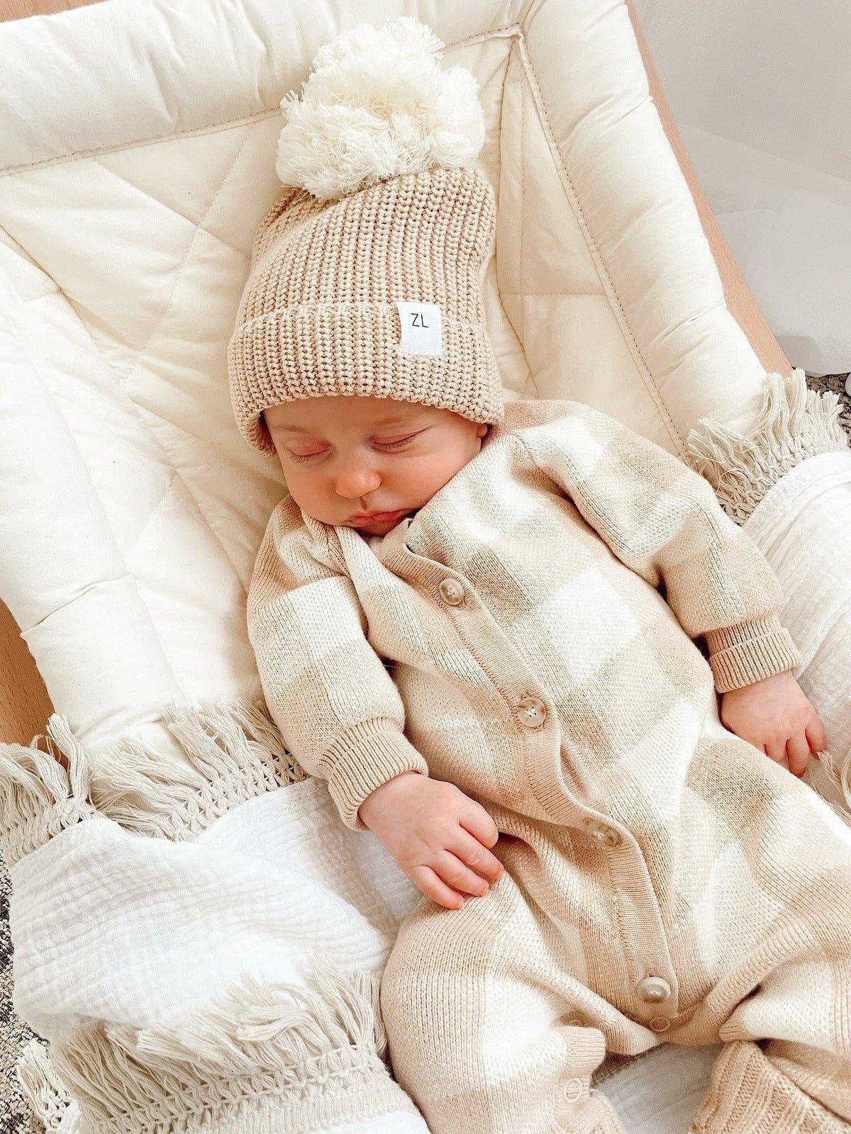 Chunky Knit Pom Beanie - Caramel Gingham