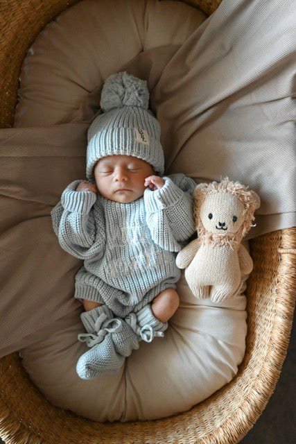 Sibling Announcement Romper in sky blue — hand-embroidered Little Brother knit cotton baby romper on newborn — Brave Little Lamb