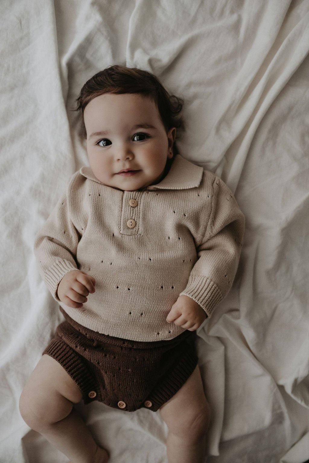 Pointelle Knit Long Sleeve Collared Shirt | Bone