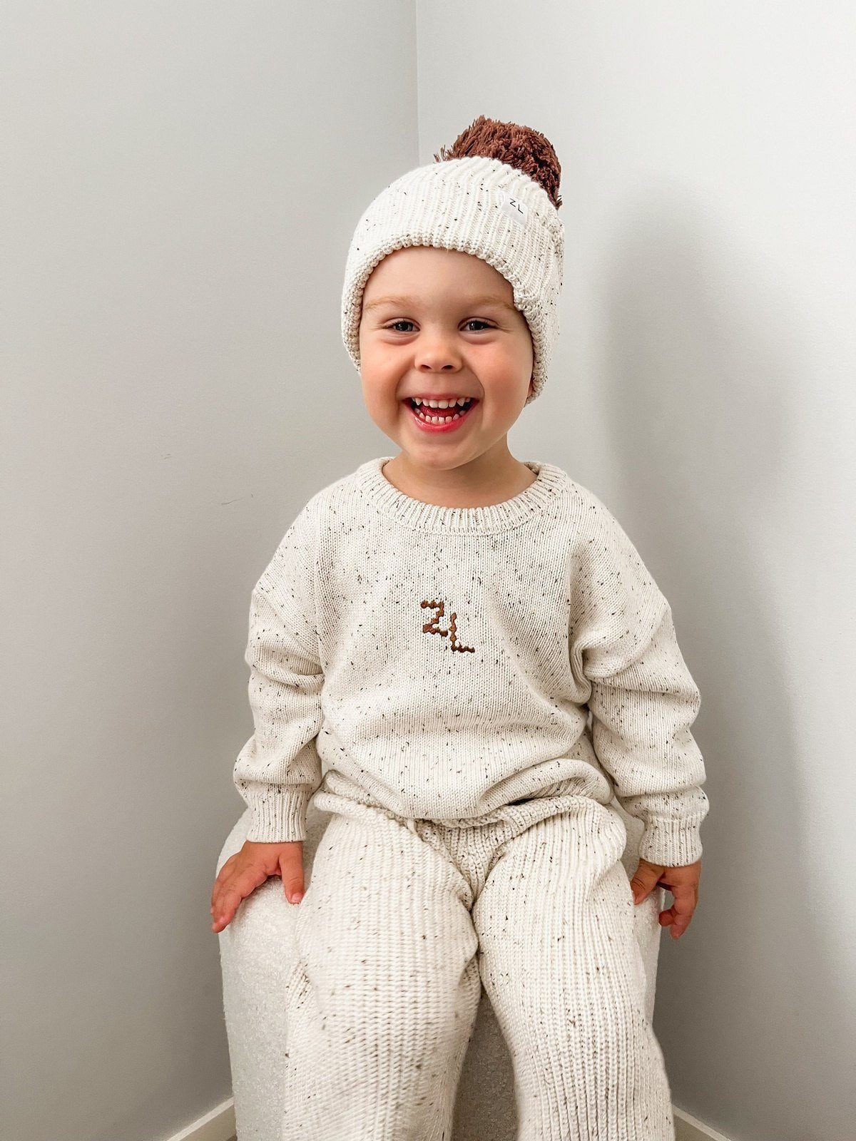 Chunky Knit Pom Beanie - Caramel Gingham