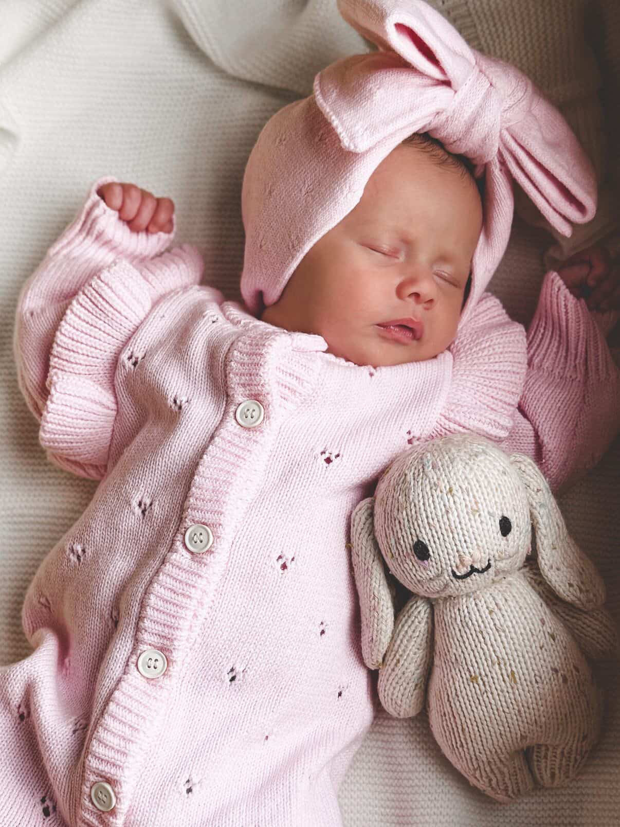 Knit Bow Headband in Peony pink — soft cotton large bow headband styled with announcement romper — Brave Little Lamb