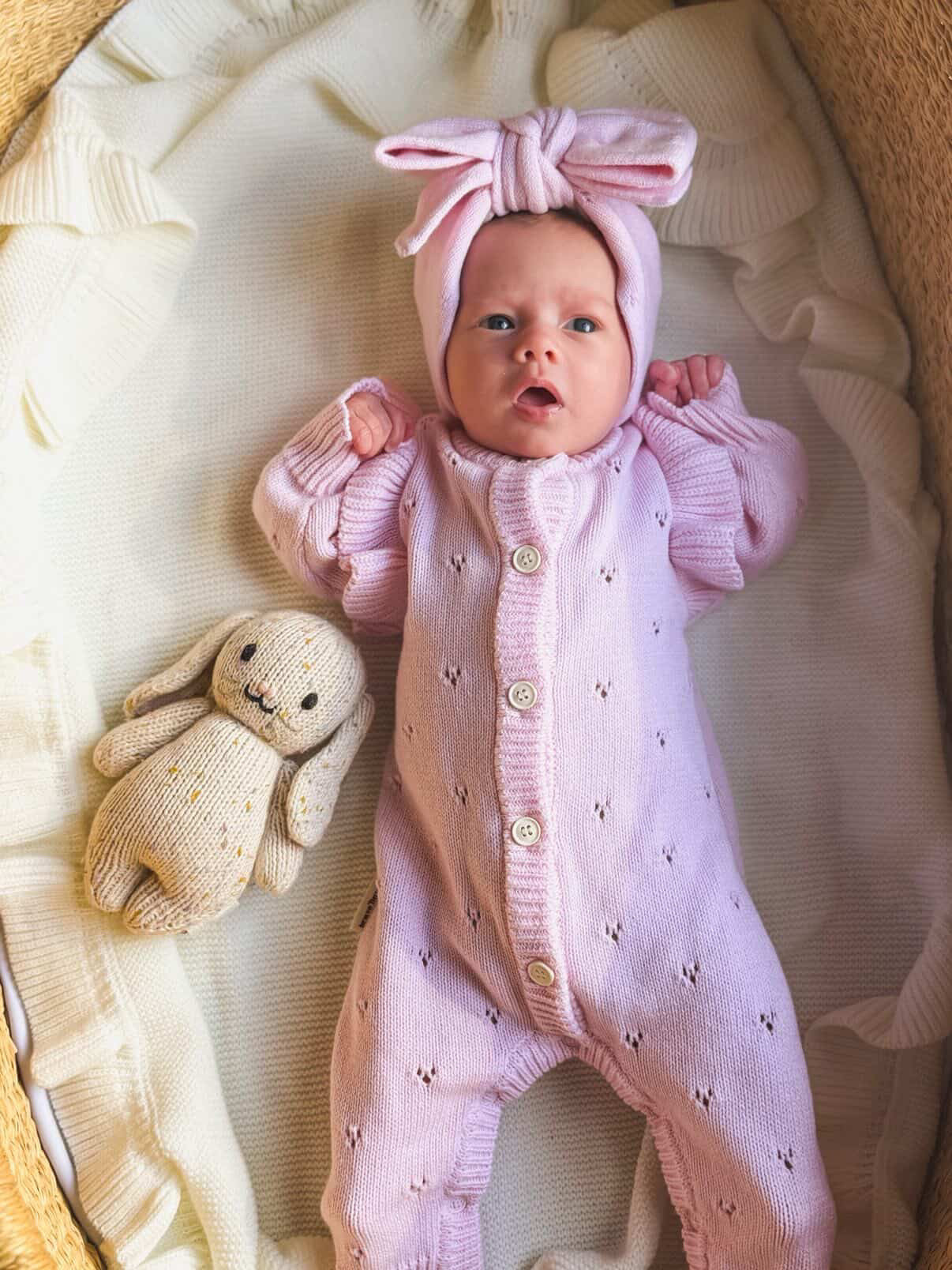 Blaire Pointelle Frill Romper in lilac on newborn — Brave Little Lamb
