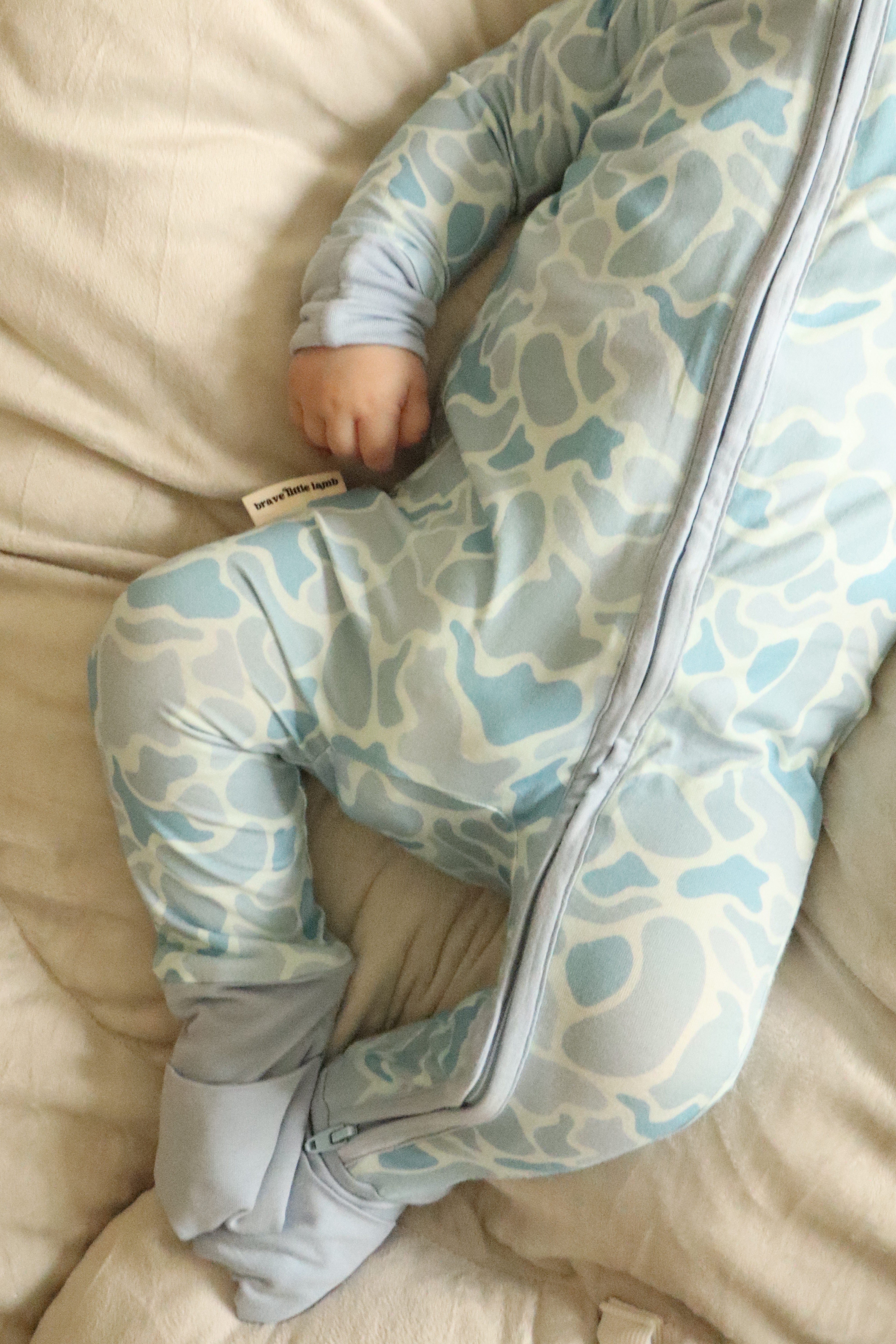 Coastal Camo Zip Footie with soft blue camouflage print — Brave Little Lamb