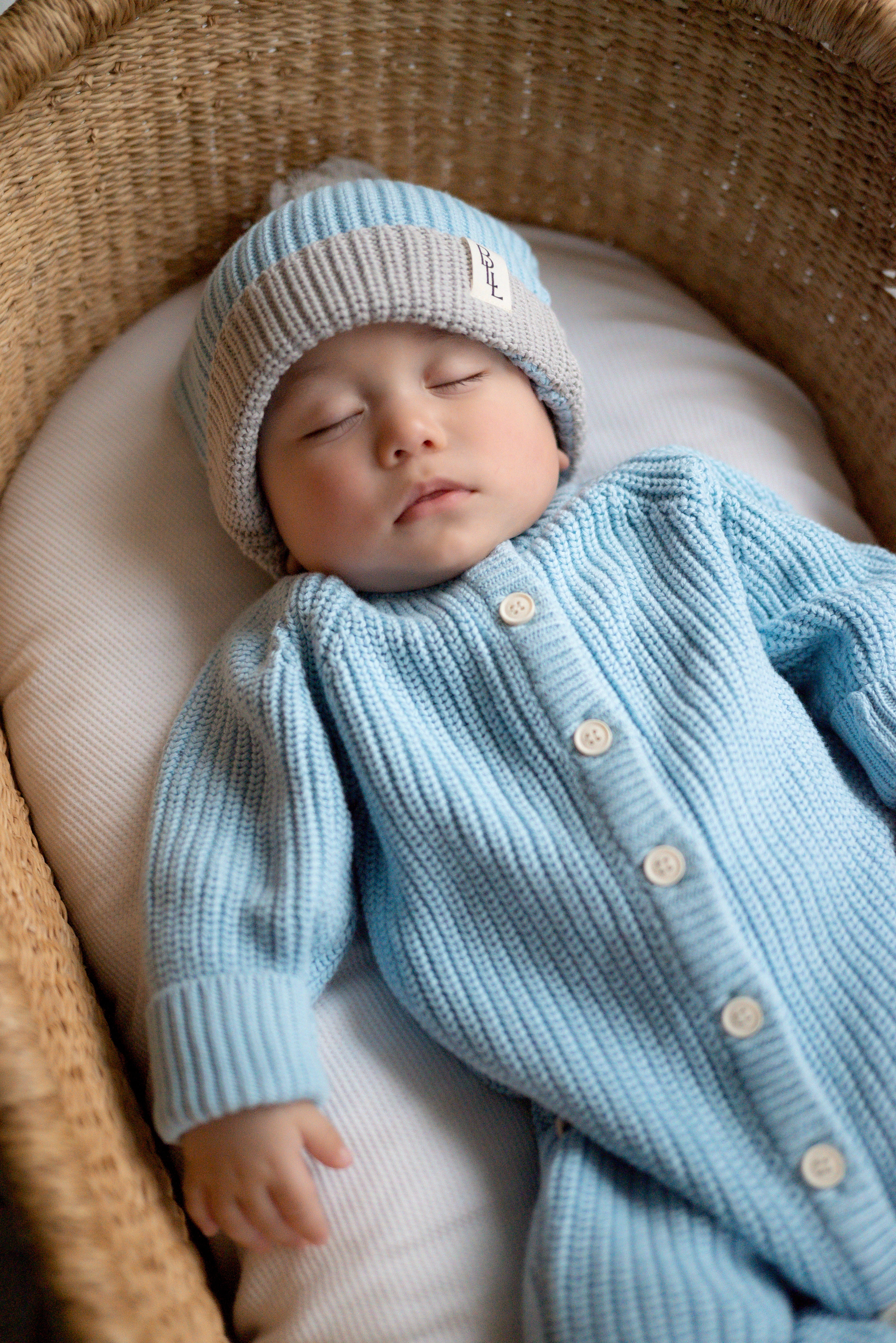 Keepsake Knit Romper in Coastal Blue — soft cotton knit baby romper on newborn — Brave Little Lamb