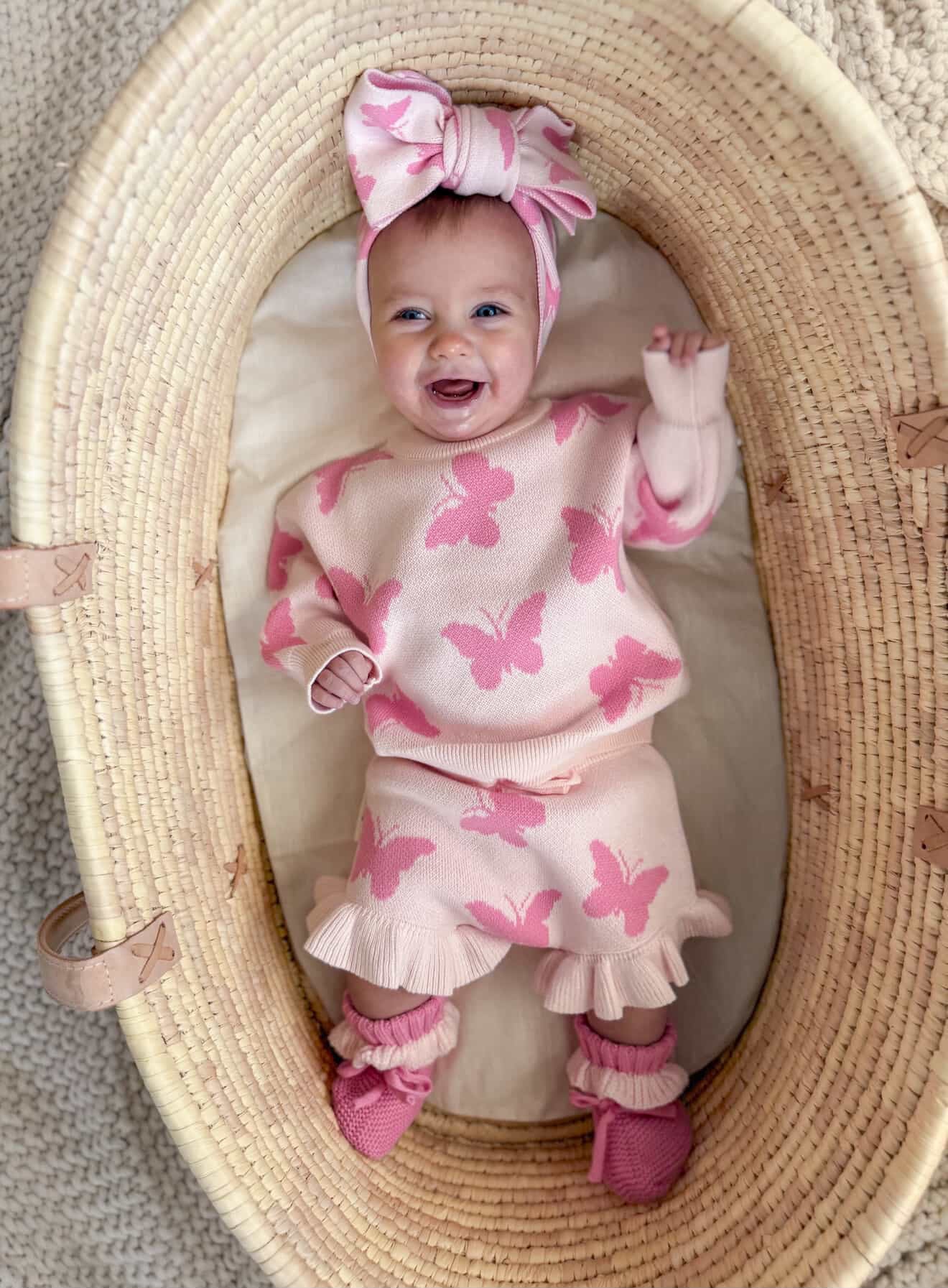 Flutter and Frill Bloomers — pink butterfly cotton knit baby bloomers with frill on infant — Brave Little Lamb