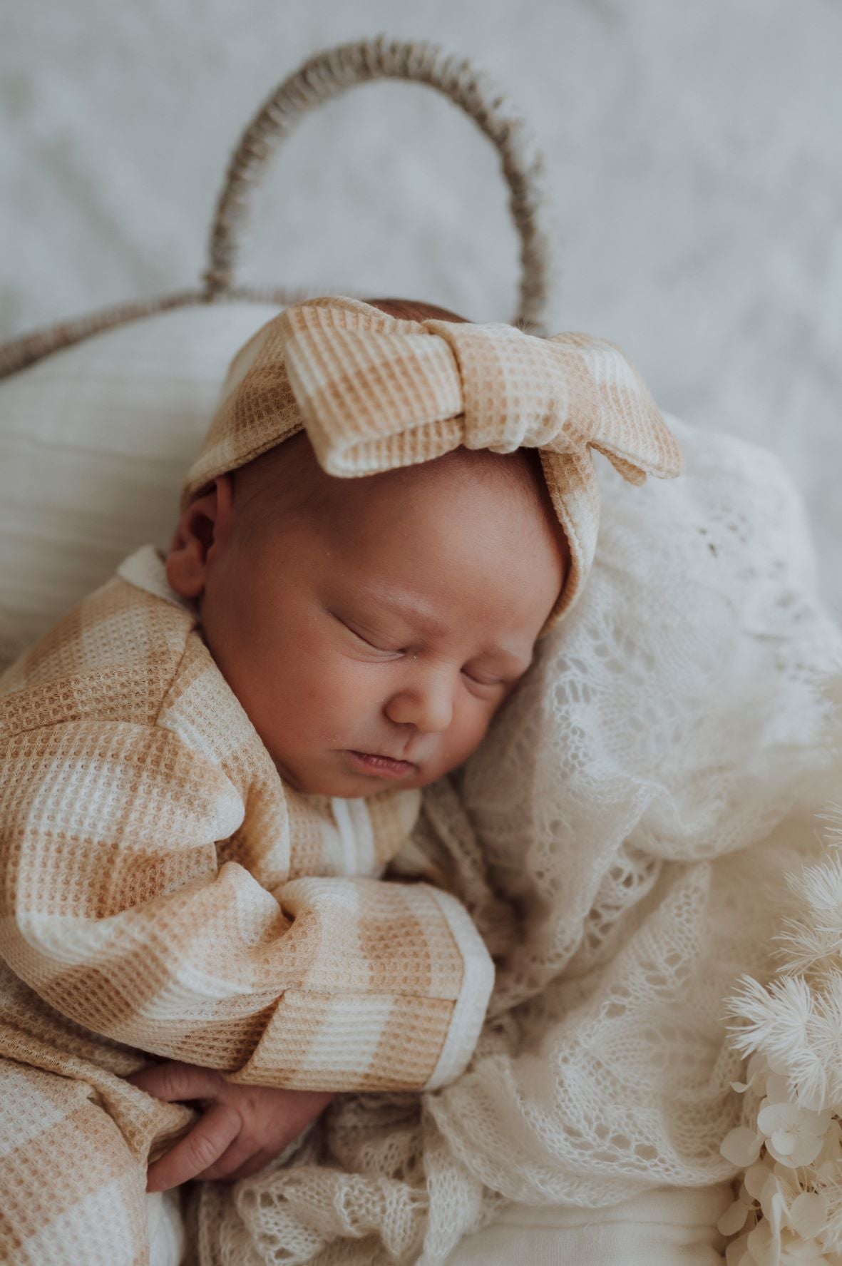 My First Outfit-Ruffle Waffle Footie + Topknot Set | Beige Gingham
