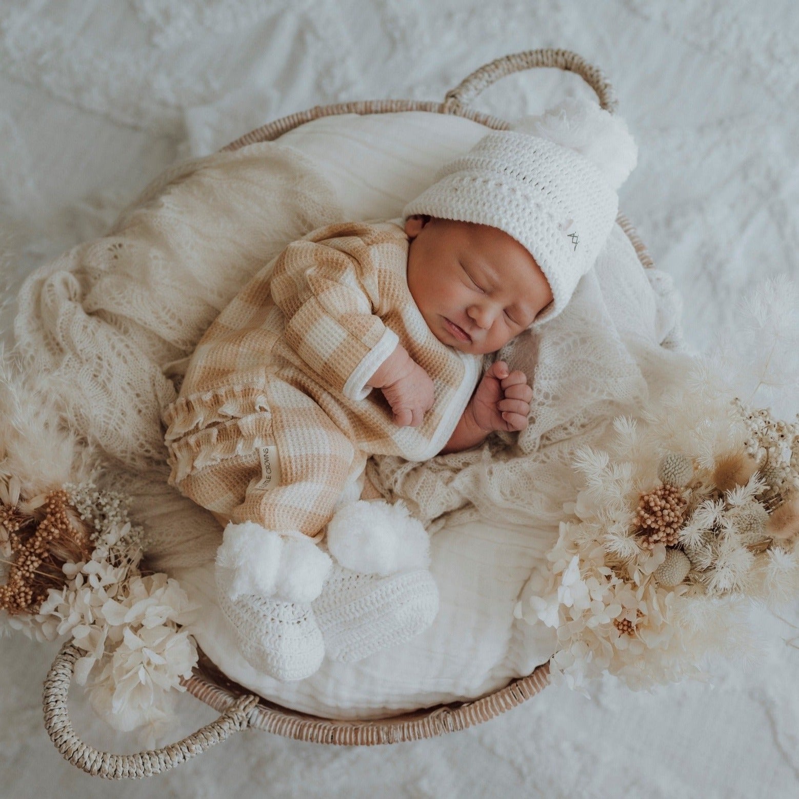 My First Outfit-Ruffle Waffle Footie + Topknot Set | Beige Gingham