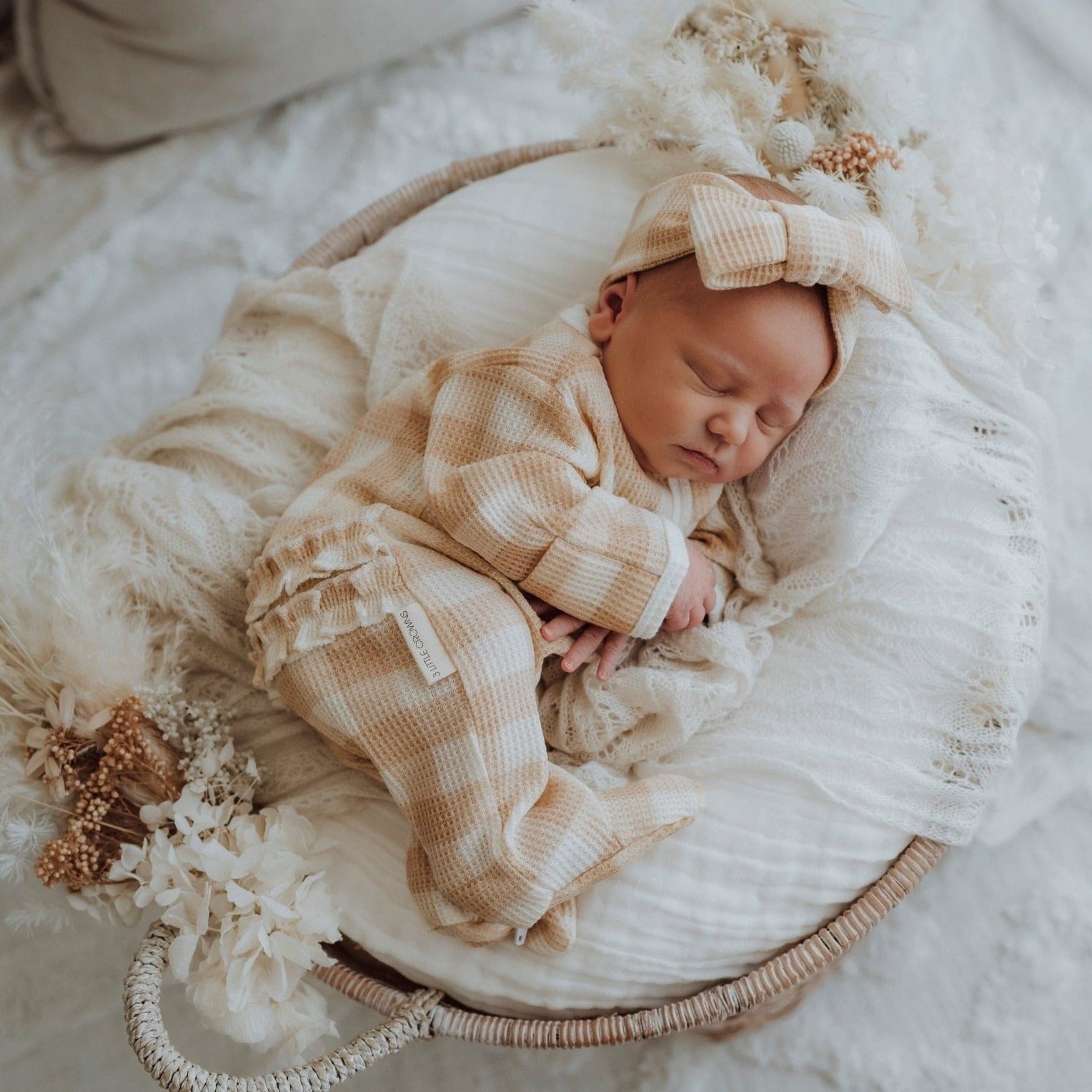 My First Outfit-Ruffle Waffle Footie + Topknot Set | Beige Gingham