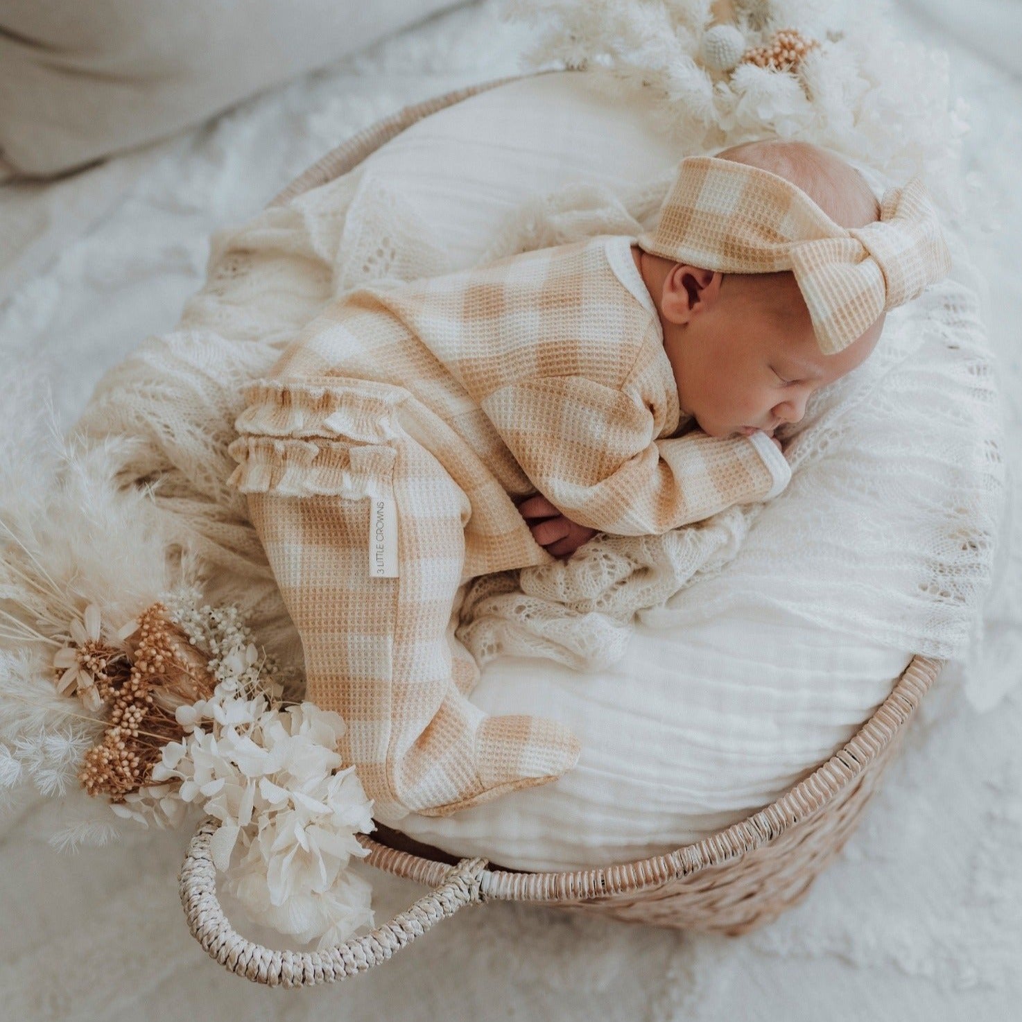 My First Outfit-Ruffle Waffle Footie + Topknot Set | Beige Gingham