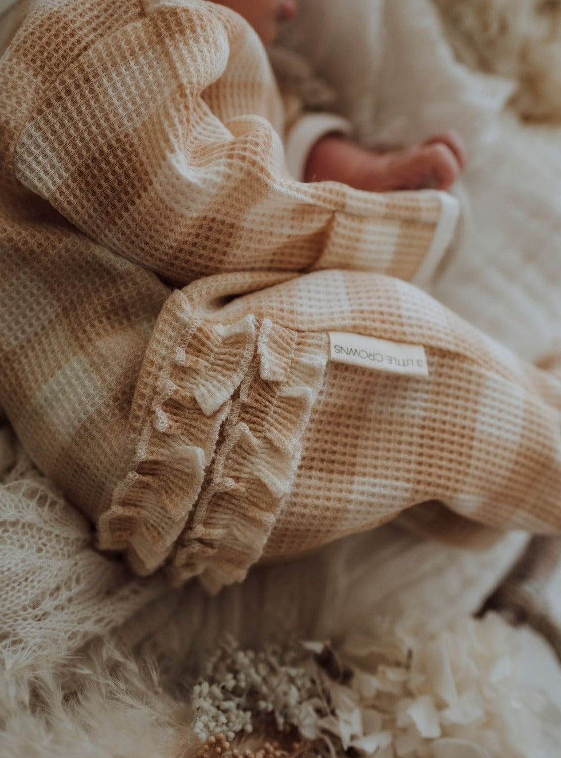 My First Outfit-Ruffle Waffle Footie + Topknot Set | Beige Gingham
