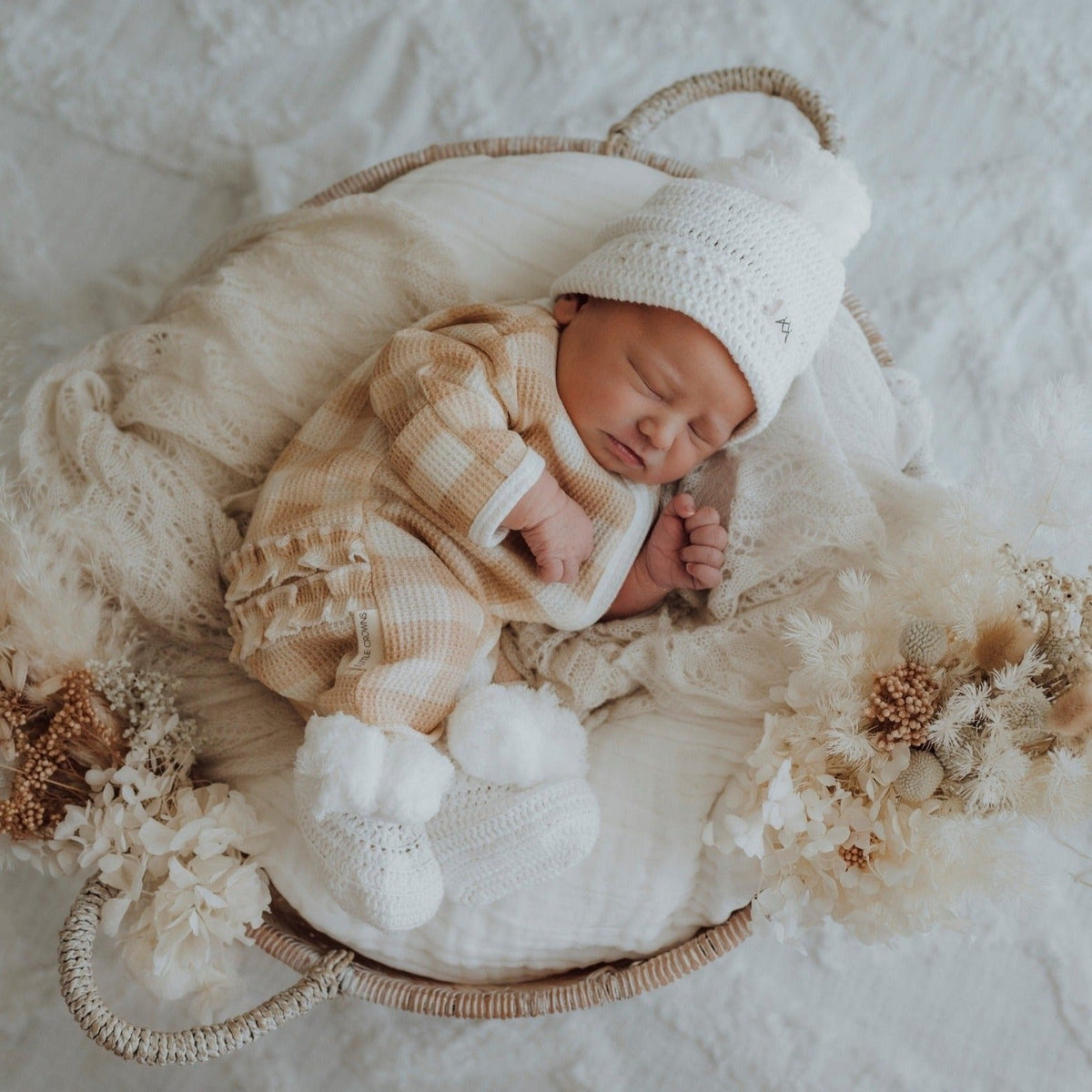 My First Outfit-Ruffle Waffle Footie + Topknot Set | Beige Gingham